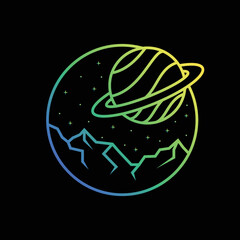 Line Art Illustration of Mountain Outdoor with Planet Saturn full stars, For T-shirt, Print and More © wafi zimamul