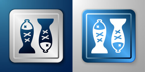 White Served fish on a plate icon isolated on blue and grey background. Silver and blue square button. Vector