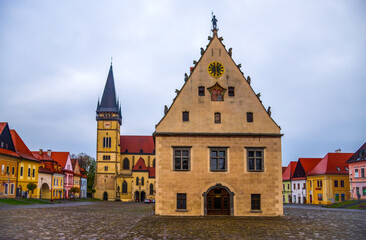 Fototapeta na wymiar Central square of Bardejov Old Town with the Church of St. Aegidiusld, Slovakia. The town Bardejov is UNESCO World Heritage Site