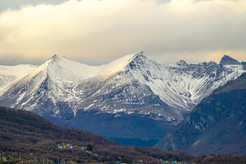 Fototapeta premium Fresh snow over the Martial mountain range. This mountain range surrounds the city of Ushuaia.