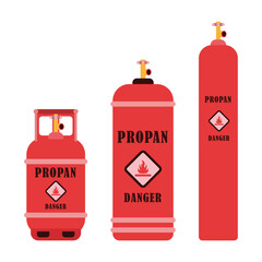 Icons of red propane tanks on a white background with valves. With stickers Flammable, Danger and inscriptions. Gas crisis in the world. Expensive energy resources Vector flat illustration.