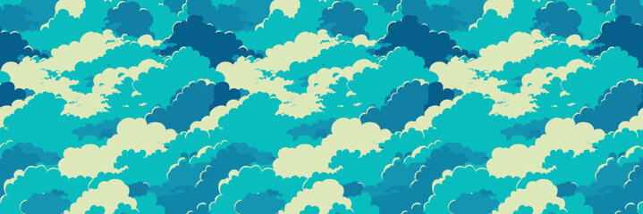 Cloud pattern vector illustration. Blue sky background. Abstract cloudy digital wallpaper. Vector graphic design. Minimal cloudscape. Flat decorative banner.