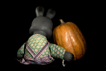 A strange rabbit sits hugging a pumpkin. A small toy rabbit sits next to an orange pumpkin. Rubber...