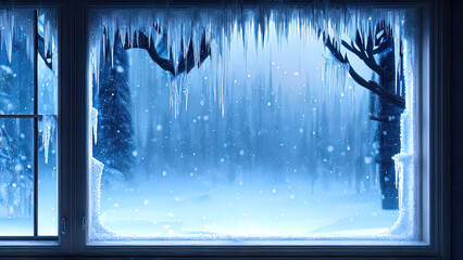 Large panoramic frozen winter window. Dark room with a large window, snow and ice on the window. Winter background, fantasy interior, Christmas window. 3D illustration.