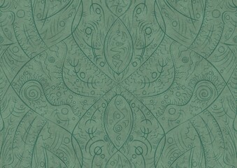 Hand-drawn unique abstract symmetrical seamless ornament. Dark semi transparent green on a light cold green background color. Paper texture. A4. (pattern: p08-2a)
