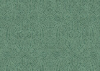 Hand-drawn unique abstract symmetrical seamless ornament. Dark semi transparent green on a light cold green background color. Paper texture. A4. (pattern: p08-2b)