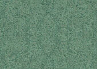 Hand-drawn unique abstract symmetrical seamless ornament. Dark semi transparent green on a light cold green background color. Paper texture. A4. (pattern: p09a)