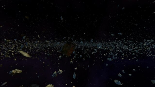Fly through Asteroid belt. Meteorites in Space Background 4K 01