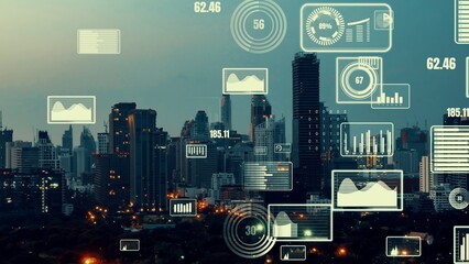 Business data analytic interface fly over smart city showing alteration future of business intelligence. Computer software and artificial intelligence are used to analyze big data for strategic plan .