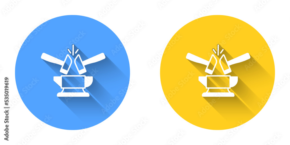 Poster white blacksmith anvil tool and hammer icon isolated with long shadow background. metal forging. for