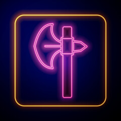 Fototapeta premium Glowing neon Medieval axe icon isolated on black background. Battle axe, executioner axe. Medieval weapon. Vector