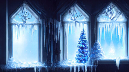 Large panoramic frozen winter window. Dark room with a large window, snow and ice on the window. Winter background, fantasy interior, Christmas window. 3D illustration.