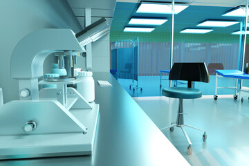 Interior of private clinic. Concept sale of medical furniture. Microscope on table in private clinic. Couches on wheels for bedridden patients. Fragment of premises of modern private clinic. 3d image