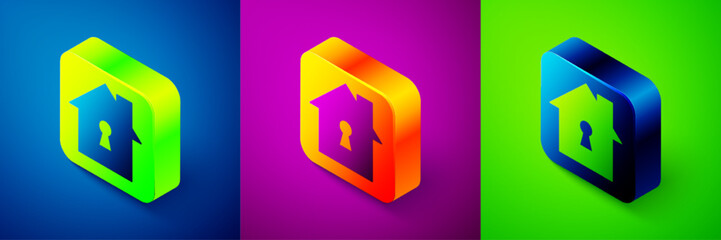 Isometric House under protection icon isolated on blue, purple and green background. Home and shield. Protection, safety, security, protect, defense concept. Square button. Vector