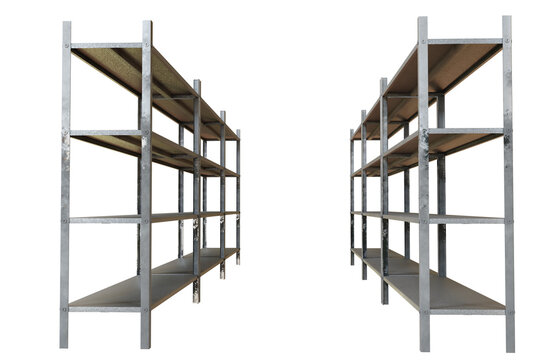 Warehouse racks. Old steel storage shelves isolated on white. Furniture for product storage. Old metal racks for boxes. Industrial furniture. Old warehouse furniture. Shabby warehouse racks. 3d image