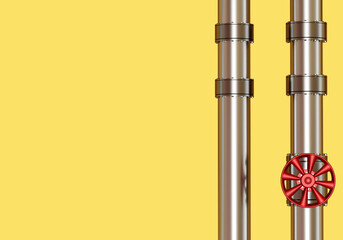 Steel pipes. Silver pipeline with valve. Pressure stop valve. Two pipes isolated on yellow. Copy space. Metal pipes for water supply. Three-dimensional pipeline. Steel vertical plumbing. 3d image.