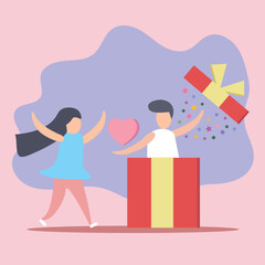 Joyful lovely couple open and send gift box in  valentine's day banner. Decoration for love design for valentine's day festival pink background. Vector illustration paper art style.