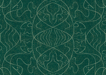 Hand-drawn unique abstract seamless ornament. Light green on a darker cold green background, with splatters of golden glitter. Paper texture. Digital artwork, A4. (pattern: p02-1a)