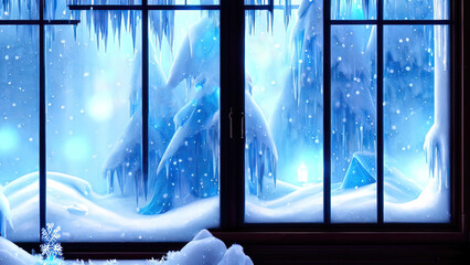 Large panoramic frozen winter window. Dark room with a large window, snow and ice on the window. Winter background, fantasy interior, Christmas window. 3D illustration.
