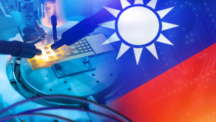 Microelectronics Taiwan. Machine for manufacture of components for microelectronics. Creation microprocessors in factories in Taiwan. Sales of microelectronics from Taiwan. Art blurred. 3d image.