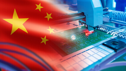 China electronic industry. Production of printed circuit boards in China. Green printed circuit...