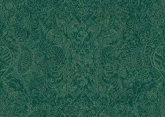 Hand-drawn unique abstract seamless ornament. Light green on a darker cold green background, with splatters of golden glitter. Paper texture. Digital artwork, A4. (pattern: p04a)