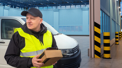 Man courier. Guy with box and tablet. Courier stands in front of minivan. Guy courier near entrance to warehouse. Man in yellow vest works as delivery man. Delivery man with cardboard box