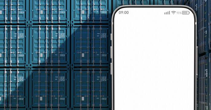 Transport company app. Cargo container and mobile phone. Smartphone with white screen. Sea container warehouse. Cargo tracking technology. Tracking cargo through app. Track sea container. 3d image