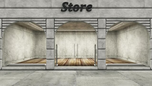 Modern Empty Store Front with Big Arch Windows with Flickering Light Inside. 4K Loop Animation