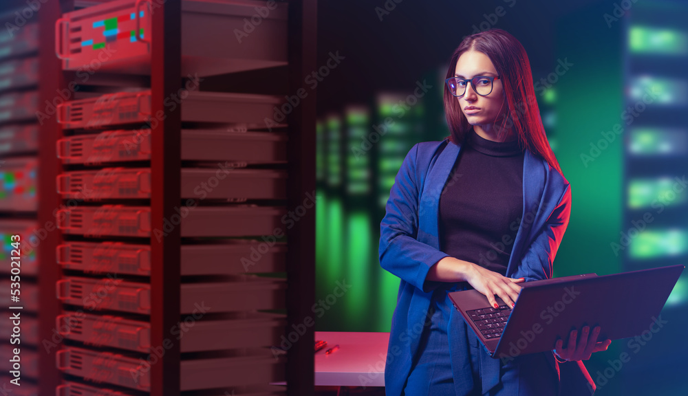 Aufkleber woman programmer. girl with laptop looks at camera. server hardware with neon light. programmer stan