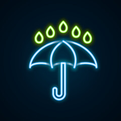 Glowing neon line Umbrella and rain drops icon isolated on black background. Waterproof icon. Protection, safety, security concept. Water resistant symbol. Colorful outline concept. Vector