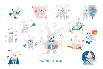 Big set of cute cartoon Rabbits in different situations and poses isolated on a white background. Rabbit is a symbol of the 2023 Chinese New Year. Vector illustration
