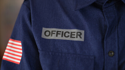 Cropped closeup of flag of United States of America on police uniform with inscription officer
