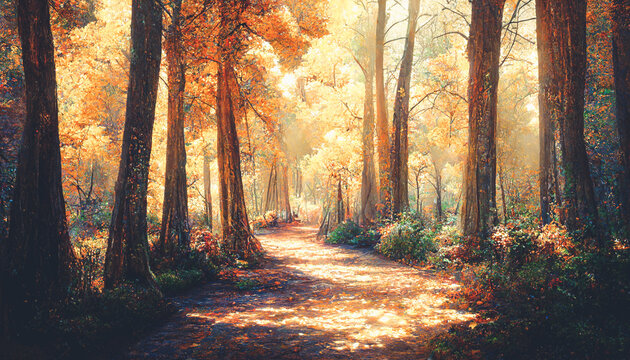 Spectacular warm and bright autumn scenery in the thick forest, Leaves of a yellow color fall from the trees onto the road. Digital art 3D illustration.