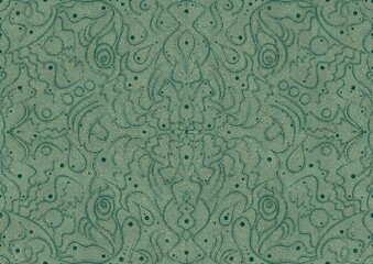 Hand-drawn unique abstract seamless ornament. Dark green on light cold green background, with splatters of golden glitter. Paper texture. Digital artwork, A4. (pattern: p07-2a)