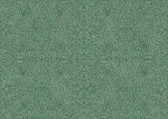 Hand-drawn unique abstract seamless ornament. Dark green on light cold green background, with splatters of golden glitter. Paper texture. Digital artwork, A4. (pattern: p07-2b)