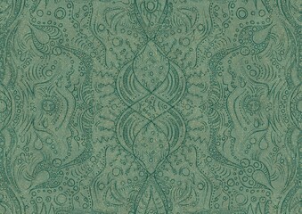 Hand-drawn unique abstract seamless ornament. Dark green on light cold green background, with splatters of golden glitter. Paper texture. Digital artwork, A4. (pattern: p09a)