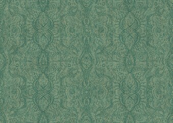 Hand-drawn unique abstract seamless ornament. Dark green on light cold green background, with splatters of golden glitter. Paper texture. Digital artwork, A4. (pattern: p09b)