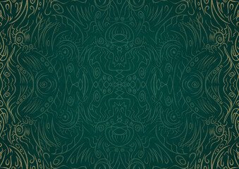 Hand-drawn unique abstract ornament. Light green on a dark cold green background, with vignette in golden glitter. Paper texture. Digital artwork, A4. (pattern: p03a)