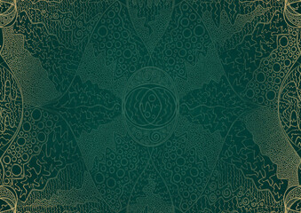Hand-drawn unique abstract ornament. Light green on a dark cold green background, with vignette in golden glitter. Paper texture. Digital artwork, A4. (pattern: p05a)
