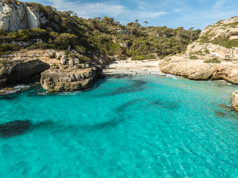 Aerial view of beach with turquoise water, Cala Marmols, Majorca, Spain
