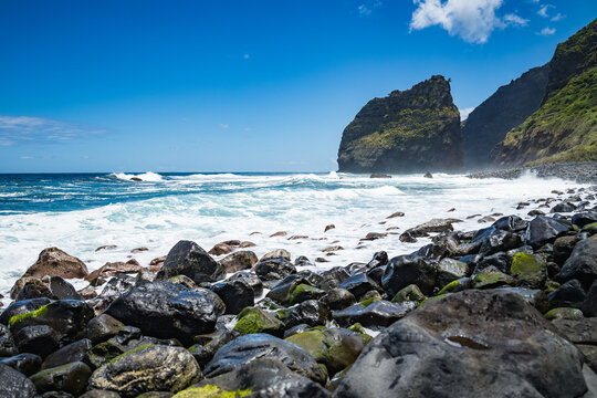 Rocky beach, Rocha do Navio nature reserve, Santana, Madeira, Portugal