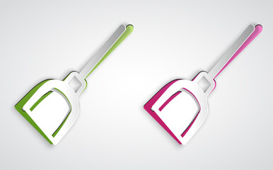 Paper cut Dustpan icon isolated on grey background. Cleaning scoop services. Paper art style. Vector