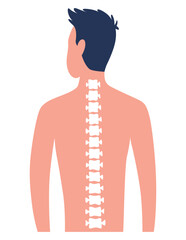 Osteopathy spine pain treatment. Patient male standing back view, spine scheme flat vector illustration. Disease diagnosis. Bone health