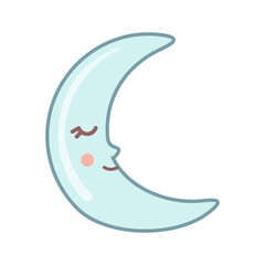 Cute Moon icon with kawaii face isolated on white background.
