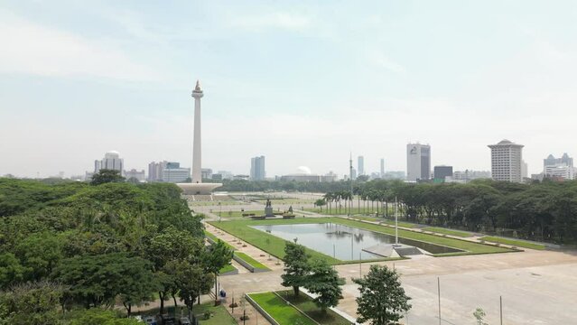 Aerial view clip of National Monument as known as Monas, located in Jakarta, the capital city of Indonesia, 4K resolution