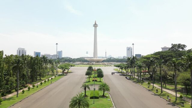 Aerial view clip of National Monument as known as Monas, located in Jakarta, the capital city of Indonesia, 4K resolution