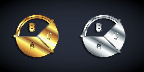 Gold and silver Pie chart infographic icon isolated on black background. Diagram chart sign. Long shadow style. Vector