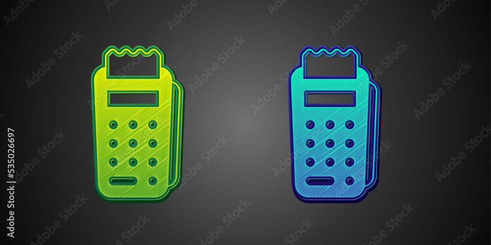 Poster green and blue pos terminal with inserted credit card and printed reciept icon isolated on black bac
