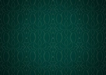 Hand-drawn unique abstract symmetrical seamless ornament. Bright green on a deep cold green with vignette of a darker background color. Paper texture. Digital artwork, A4. (pattern: p08-1c)